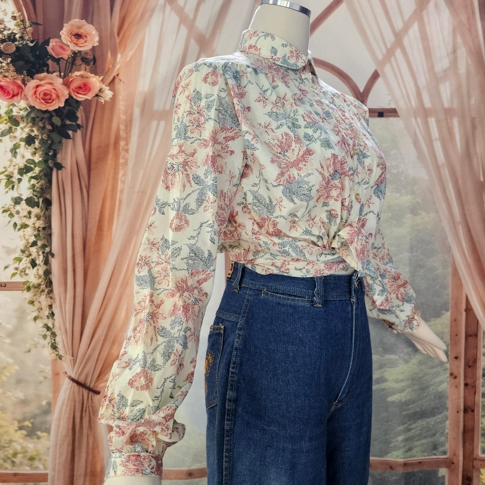 Vintage 1960's Floral Button Down Blouse Orange Label Long Sleeve Top
Cream Blue - Picture 2 of 12